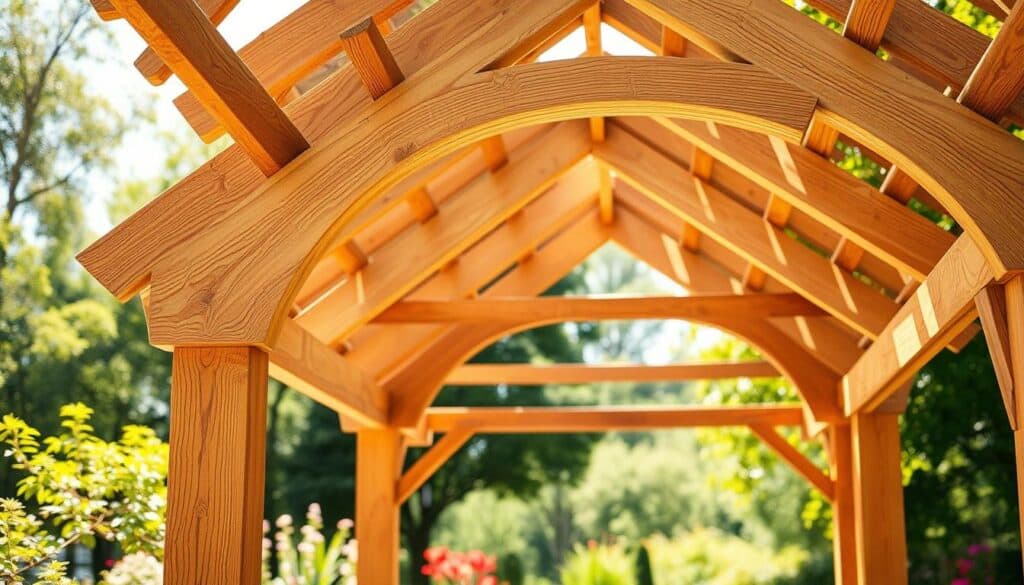 A detailed image of a wooden arch roof construction for a garden arbor. The foreground features intricately crafted wooden beams forming an elegant arch, showcasing natural wood grain and rich textures. In the middle ground, the arbor's framework is set up in a garden environment, complemented by lush greenery and colorful flowers, providing a sense of beauty and harmony. The background reveals a soft-focus view of a sunny garden, with dappled light filtering through the leaves, creating an airy and inviting atmosphere. The lighting is bright yet soft, mimicking gentle sunlight to enhance the natural hues of the wood, styled to evoke a serene, peaceful mood. The composition is captured from a low angle to emphasize the grandeur of the archway structure. A detailed image of a wooden arch roof construction for a garden arbor. The foreground features intricately crafted wooden beams forming an elegant arch, showcasing natural wood grain and rich textures. In the middle ground, the arbor's framework is set up in a garden environment, complemented by lush greenery and colorful flowers, providing a sense of beauty and harmony. The background reveals a soft-focus view of a sunny garden, with dappled light filtering through the leaves, creating an airy and inviting atmosphere. The lighting is bright yet soft, mimicking gentle sunlight to enhance the natural hues of the wood, styled to evoke a serene, peaceful mood. The composition is captured from a low angle to emphasize the grandeur of the archway structure.