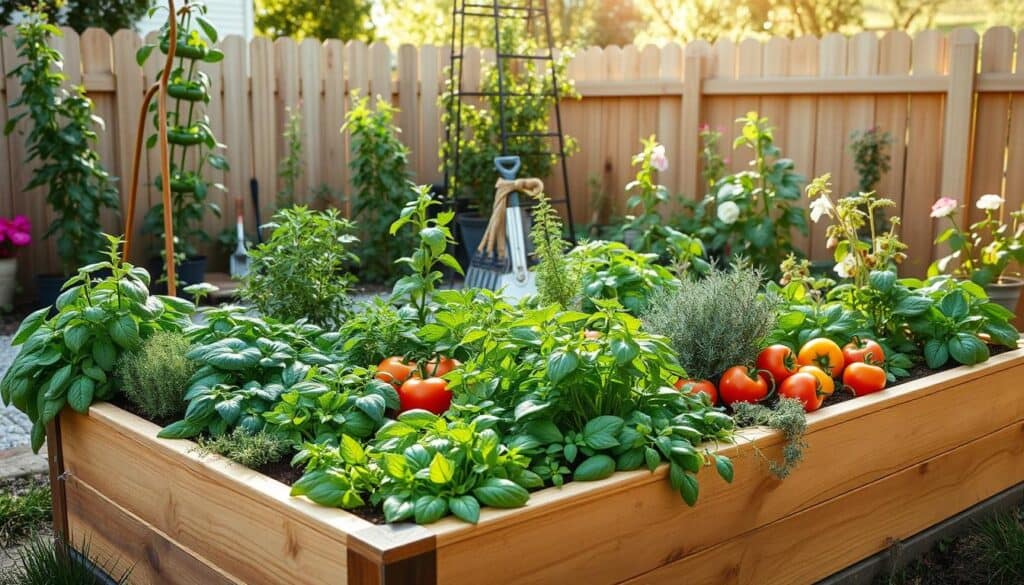 A detailed layout of a raised bed herb garden designed for maximum yield, situated in a bright backyard under soft, natural sunlight. In the foreground, a wooden raised bed overflowing with lush herbs like basil, thyme, and rosemary, arranged meticulously alongside vibrant vegetable plants like tomatoes and peppers. In the middle ground, garden tools are neatly placed, and a trellis supports climbing herbs. In the background, a wooden fence and a few blooming flowers create a warm, inviting atmosphere. The scene is captured with a slightly elevated angle, allowing for a comprehensive view of the garden's arrangement. The overall mood is serene and productive, embodying a perfect environment for gardening enthusiasts. A detailed layout of a raised bed herb garden designed for maximum yield, situated in a bright backyard under soft, natural sunlight. In the foreground, a wooden raised bed overflowing with lush herbs like basil, thyme, and rosemary, arranged meticulously alongside vibrant vegetable plants like tomatoes and peppers. In the middle ground, garden tools are neatly placed, and a trellis supports climbing herbs. In the background, a wooden fence and a few blooming flowers create a warm, inviting atmosphere. The scene is captured with a slightly elevated angle, allowing for a comprehensive view of the garden's arrangement. The overall mood is serene and productive, embodying a perfect environment for gardening enthusiasts.