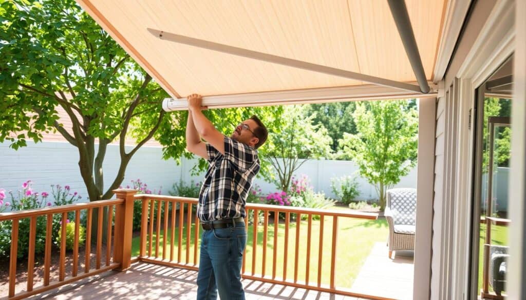 A detailed scene of a professional installing a retractable awning in a sunny backyard. In the foreground, a skilled worker in modest casual clothing is carefully securing the awning frame to a beautiful wooden deck, showcasing the awning's sleek design. The middle ground features the partially extended fabric of the awning, displaying a vibrant pattern, providing a glimpse of the shade it offers. In the background, a well-maintained garden with lush green trees and blooming flowers complements the scene, emphasizing the outdoor setting. Soft sunlight filters through the leaves, creating a warm and inviting atmosphere. The image captures the essence of flexibility, enhancing the living space while harmonizing with nature.