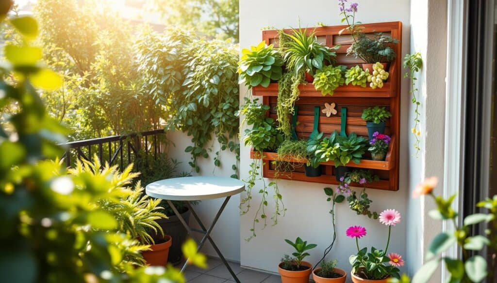 A detailed scene showcasing a vertical planter system mounted on a small patio wall, filled with a variety of vibrant, lush plants ideal for vertical growth. In the foreground, focus on a wall-mounted wooden planter, featuring a mix of herbs, trailing vines, and colorful flowering plants. The middle ground includes a small bistro table and two chairs, surrounded by potted plants that enhance the inviting atmosphere. The background consists of a sunny, airy balcony space with soft natural light filtering through the leaves, creating a warm ambiance. Capture the scene from a slightly elevated angle to emphasize the verticality and organization of the planter system, ensuring the atmosphere is bright, lively, and tranquil. Maintain a realistic home décor style, avoiding any text or branding in the image.