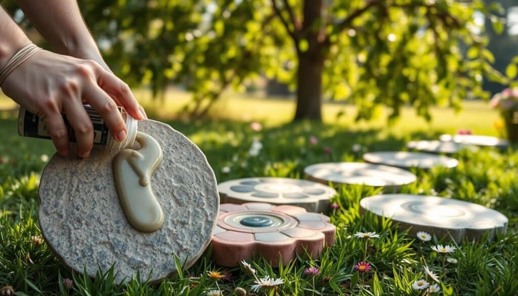 A detailed scene showcasing various concrete sealing techniques for garden stepping stones. In the foreground, a pair of skilled hands applies sealant to a textured, colorful concrete stone, emphasizing the glossy finish. The middle ground features several completed stepping stones, displaying different patterns and colors, all surrounded by lush green grass and small garden flowers. In the background, soft sunlight filters through leafy branches, creating an airy and inviting atmosphere. Use natural light to highlight the details of the concrete textures and the sheen of the sealant. The image should evoke a sense of care and maintenance, suggesting longevity and beauty in garden décor. Capture this scene with a slightly elevated angle to provide depth and perspective, focusing on craftsmanship and gardening. A detailed scene showcasing various concrete sealing techniques for garden stepping stones. In the foreground, a pair of skilled hands applies sealant to a textured, colorful concrete stone, emphasizing the glossy finish. The middle ground features several completed stepping stones, displaying different patterns and colors, all surrounded by lush green grass and small garden flowers. In the background, soft sunlight filters through leafy branches, creating an airy and inviting atmosphere. Use natural light to highlight the details of the concrete textures and the sheen of the sealant. The image should evoke a sense of care and maintenance, suggesting longevity and beauty in garden décor. Capture this scene with a slightly elevated angle to provide depth and perspective, focusing on craftsmanship and gardening.
