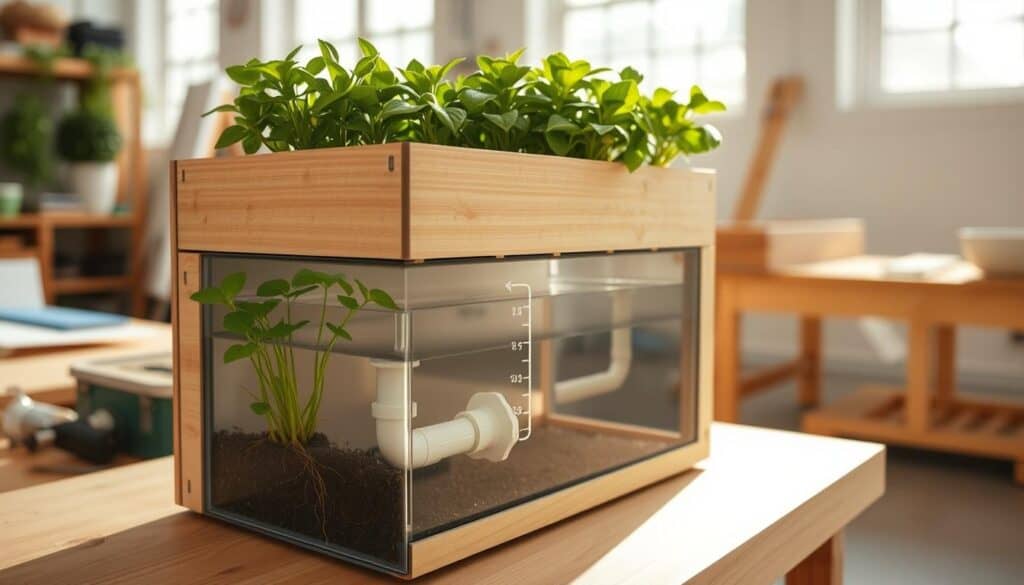 A detailed self-watering planter box made from a single sheet of plywood, displaying a clear water reservoir beneath the main planting area. The foreground features vibrant, healthy plants thriving in the box, with visible roots and soil. The middle layer highlights the planter's unique watering mechanism, showcasing a small pipe connected to the reservoir with a visible water level indicator. In the background, a bright, airy workshop setting, softly illuminated by natural sunlight streaming through windows, enhances the overall atmosphere. The scene is captured from a slightly elevated angle to emphasize the design features, with warm tones creating a welcoming and organized environment. A detailed self-watering planter box made from a single sheet of plywood, displaying a clear water reservoir beneath the main planting area. The foreground features vibrant, healthy plants thriving in the box, with visible roots and soil. The middle layer highlights the planter's unique watering mechanism, showcasing a small pipe connected to the reservoir with a visible water level indicator. In the background, a bright, airy workshop setting, softly illuminated by natural sunlight streaming through windows, enhances the overall atmosphere. The scene is captured from a slightly elevated angle to emphasize the design features, with warm tones creating a welcoming and organized environment.