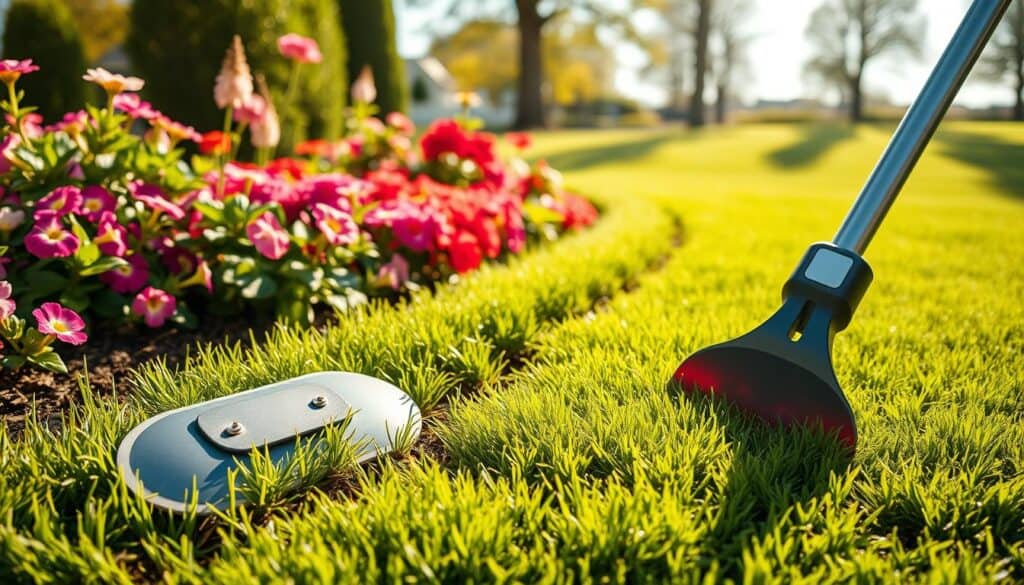 A detailed shot of a high-quality lawn edger positioned on the edge of a meticulously maintained garden bed, showcasing the defined border where grass meets flourishing flower beds. In the foreground, the edger gleams in bright sunlight, revealing its sturdy blade and ergonomic handle. In the middle ground, vibrant flowers and healthy plants spill over neatly trimmed edges, demonstrating a pristine separation from the lawn. The background features a softly blurred lawn with a few trees bathed in warm, natural light, evoking a serene gardening atmosphere. The image captures a sense of tranquility and professionalism, suitable for illustrating expert-maintained garden borders with clarity and focus. A detailed shot of a high-quality lawn edger positioned on the edge of a meticulously maintained garden bed, showcasing the defined border where grass meets flourishing flower beds. In the foreground, the edger gleams in bright sunlight, revealing its sturdy blade and ergonomic handle. In the middle ground, vibrant flowers and healthy plants spill over neatly trimmed edges, demonstrating a pristine separation from the lawn. The background features a softly blurred lawn with a few trees bathed in warm, natural light, evoking a serene gardening atmosphere. The image captures a sense of tranquility and professionalism, suitable for illustrating expert-maintained garden borders with clarity and focus.
