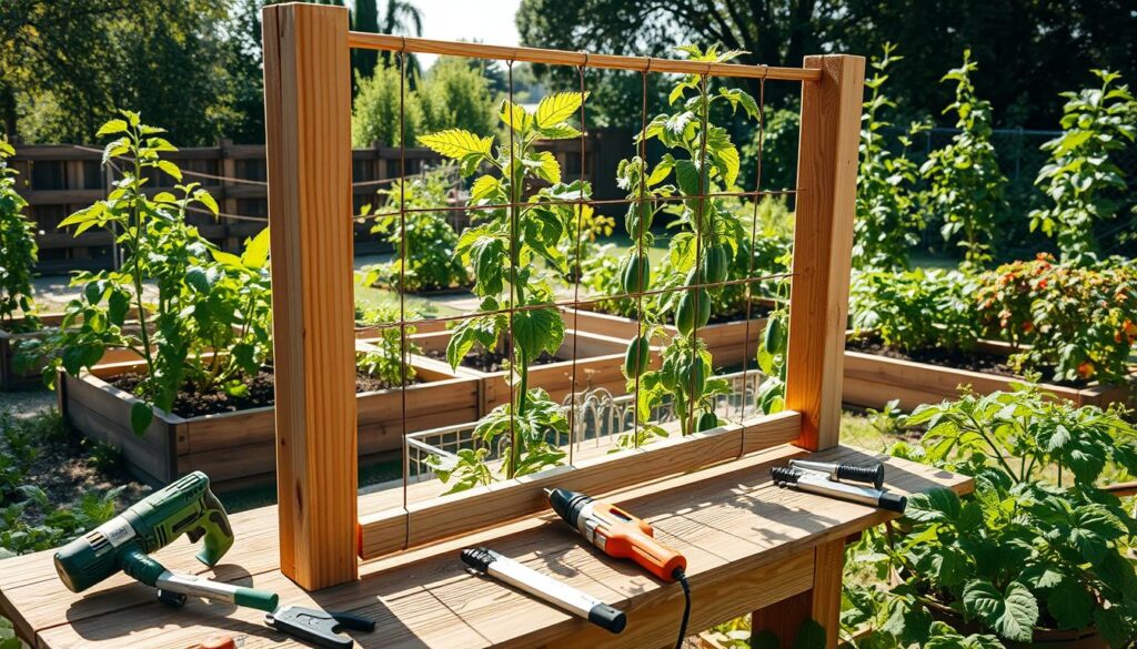A detailed vegetable garden trellis DIY setup, visibly made from wood, surrounded by healthy climbing vegetables like tomatoes and cucumbers. In the foreground, a partially assembled trellis made of wooden slats, with tools like a saw and drill nearby, resting on a rustic wooden workbench. The middle ground features the raised garden beds filled with vibrant green plants reaching towards the trellis, demonstrating their growth. In the background, a sunny garden scene with soft sunlight filtering through trees, casting gentle shadows, evoking a warm, inviting atmosphere of a thriving vegetable garden. Capture the scene from a slightly elevated angle for a comprehensive view, showcasing the trellis installation process in action, highlighting the simplicity and accessibility of DIY gardening.