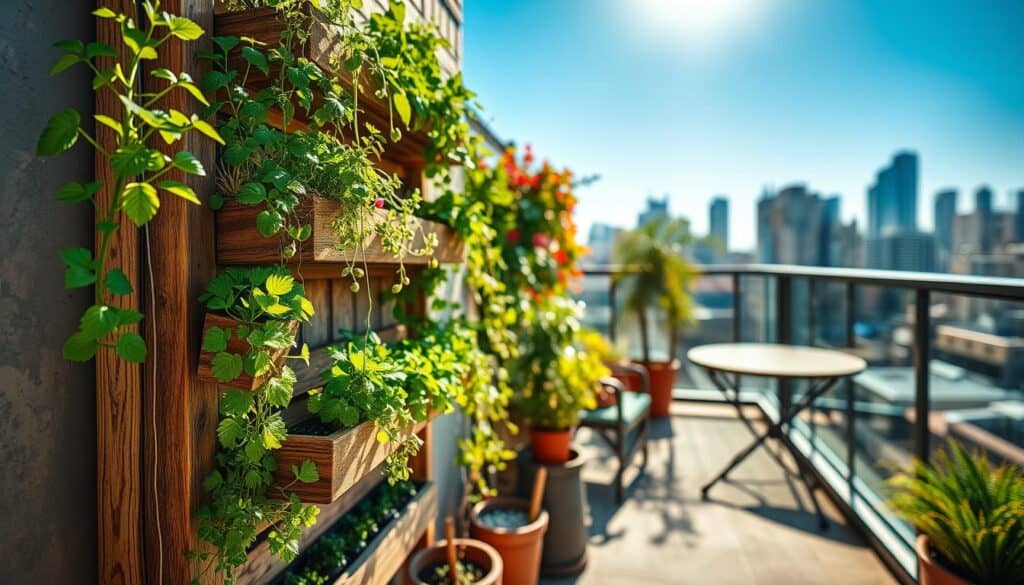 A detailed vertical planter installation on a small patio, showcasing a variety of green plants cascading down in an organized manner. In the foreground, vibrant herbs and flowering plants are neatly arranged in a wooden vertical planter with multiple tiers, emphasizing the craftsmanship of the DIY project. The middle ground features the compact patio space adorned with outdoor furniture and decorative stones, enhancing the cozy atmosphere. The background reveals a sunlit balcony railing with the urban skyline visible in soft focus, under a clear blue sky. The scene is illuminated with bright, natural sunlight filtering in, creating soft shadows and a warm, inviting ambiance. Shot at a slight angle to capture the depth of the vertical garden system while maintaining clarity on the planter details.