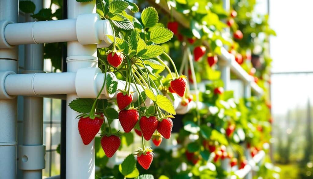A detailed vertical planter watering system made from PVC pipes, showcasing a tiered structure with several levels of vibrant strawberry plants. The foreground features a close-up view of the watering system, highlighting the pipes with tiny holes for optimal water distribution. In the middle ground, lush green strawberry foliage dangles from each tier, some adorned with ripe red strawberries, indicating flourishing growth. The background consists of a bright, airy garden setting, bathed in soft natural sunlight that highlights the healthy plants. The angle is slightly tilted to capture the depth and design of the planter, evoking a sense of freshness and vitality, with a serene, garden atmosphere ideal for plant care and growth. A detailed vertical planter watering system made from PVC pipes, showcasing a tiered structure with several levels of vibrant strawberry plants. The foreground features a close-up view of the watering system, highlighting the pipes with tiny holes for optimal water distribution. In the middle ground, lush green strawberry foliage dangles from each tier, some adorned with ripe red strawberries, indicating flourishing growth. The background consists of a bright, airy garden setting, bathed in soft natural sunlight that highlights the healthy plants. The angle is slightly tilted to capture the depth and design of the planter, evoking a sense of freshness and vitality, with a serene, garden atmosphere ideal for plant care and growth.