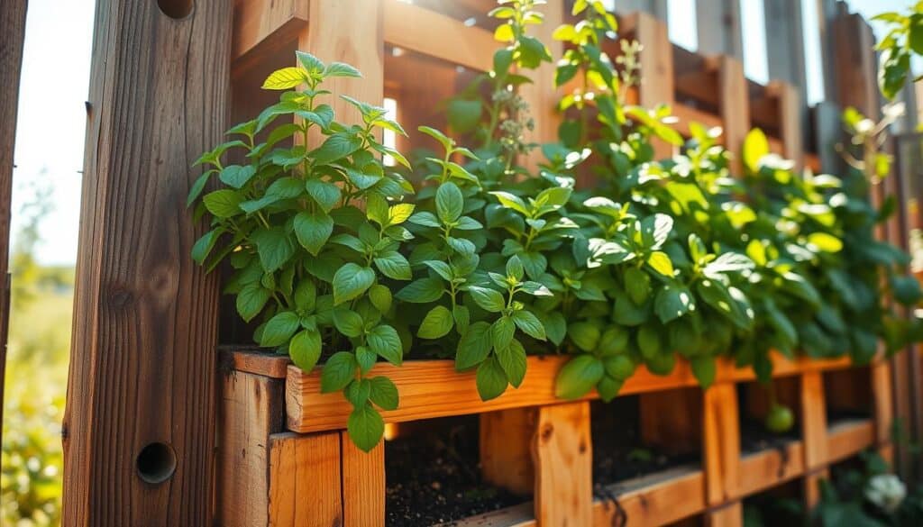 A detailed vertical wood pallet planter filled with vibrant herbs, showcasing deep green basil, rosemary, and mint. The planter is attached to a rustic wooden fence, with soil visible in each compartment, illustrating optimal drainage. On the left, there are small drainage holes in the pallets, allowing excess water to escape. Sunlight filters through leaves, creating a warm and inviting atmosphere, and casting soft shadows across the scene. The background features a light blue sky and hints of garden greenery for added depth. The angle is slightly elevated, capturing the full height of the planter while ensuring the focus remains on the lush herbs and the texture of the wood. Overall, the mood conveys a sense of tranquility and sustainable gardening. A detailed vertical wood pallet planter filled with vibrant herbs, showcasing deep green basil, rosemary, and mint. The planter is attached to a rustic wooden fence, with soil visible in each compartment, illustrating optimal drainage. On the left, there are small drainage holes in the pallets, allowing excess water to escape. Sunlight filters through leaves, creating a warm and inviting atmosphere, and casting soft shadows across the scene. The background features a light blue sky and hints of garden greenery for added depth. The angle is slightly elevated, capturing the full height of the planter while ensuring the focus remains on the lush herbs and the texture of the wood. Overall, the mood conveys a sense of tranquility and sustainable gardening.