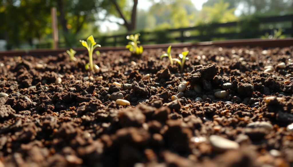 A detailed view of a filled raised garden bed with rich, dark soil, interspersed with earthy compost and small pebbles, showcasing a healthy mix ideal for gardening. In the foreground, focus on the texture of the soil, highlighting its crumbly consistency and moisture. In the middle ground, a few plants such as tomato seedlings and leafy greens emerge, suggesting growth potential, while showing signs of overcrowding or improper filling. In the background, a sunlit garden scene with soft sunlight filtering through leafy trees creates a warm, inviting atmosphere. The image should capture the essence of gardening and the common mistakes people make when filling raised beds, shot from a slightly elevated angle to emphasize depth and detail. A detailed view of a filled raised garden bed with rich, dark soil, interspersed with earthy compost and small pebbles, showcasing a healthy mix ideal for gardening. In the foreground, focus on the texture of the soil, highlighting its crumbly consistency and moisture. In the middle ground, a few plants such as tomato seedlings and leafy greens emerge, suggesting growth potential, while showing signs of overcrowding or improper filling. In the background, a sunlit garden scene with soft sunlight filtering through leafy trees creates a warm, inviting atmosphere. The image should capture the essence of gardening and the common mistakes people make when filling raised beds, shot from a slightly elevated angle to emphasize depth and detail.