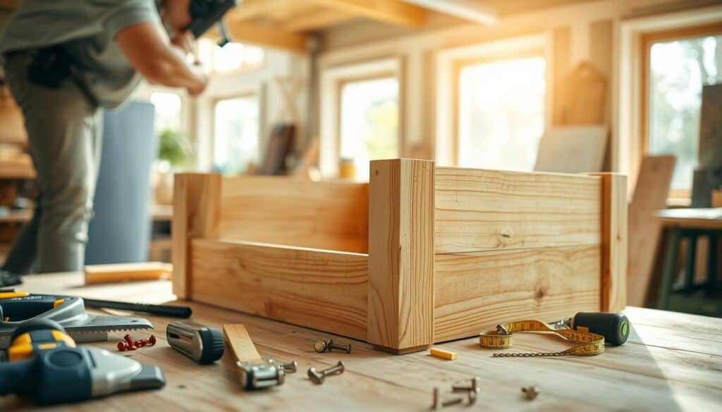A detailed view of a person in modest casual clothing constructing the frame of a DIY planter box using cedar boards. The foreground features various tools like a saw, a measuring tape, and screws scattered across a wooden workbench. The middle ground showcases the partially built planter box frame, with carefully arranged cedar boards joined at the corners. The background reveals a bright, airy workshop bathed in soft natural light, with large windows allowing sunlight to stream in, highlighting the grains of the wood. The overall atmosphere is warm and inviting, suggesting a productive afternoon of woodworking and creativity. The image captures the meticulous craftsmanship involved in constructing the planter, focusing on the beauty of the cedar and the joy of DIY projects.