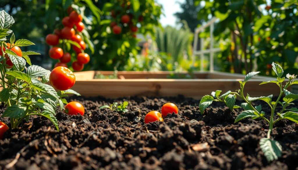 A detailed view of a raised garden bed filled with vibrant vegetables like tomatoes and peppers, showcasing a depth of at least 12 inches. The image should feature a close-up focus on the soil layers, roots, and the lush foliage of the plants in the foreground, capturing the texture and richness of the earth. In the middle ground, a well-constructed wooden raised bed with a natural finish is visible, surrounded by fresh herbs and companion plants. The background should include a sunny garden scene with soft sunlight filtering through leaves, creating a warm and inviting atmosphere. Use a shallow depth of field to emphasize the raised bed, while keeping the background slightly blurred to maintain focus. The overall mood should convey a sense of growth and nurturing in a home garden setting.