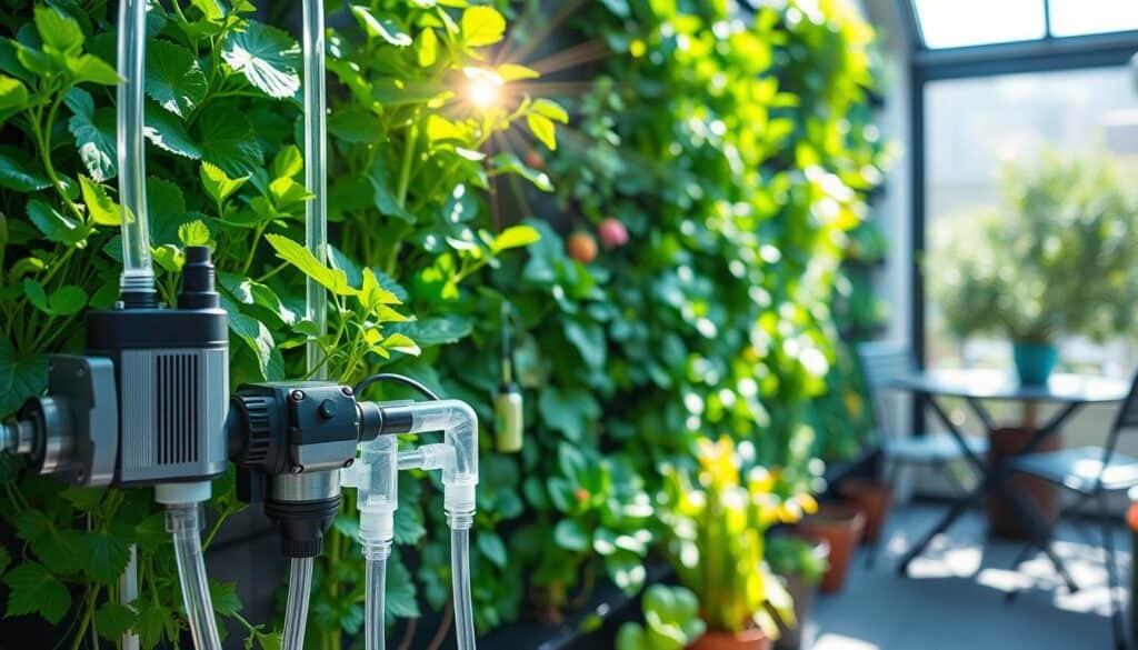 A detailed view of an automated fertigation system integrated into a vertical garden wall on a small patio. In the foreground, showcase sleek, modern irrigation components such as pumps and humidity sensors with clear tubing leading to vibrant green plants, including herbs and flowering plants. The middle ground features a lush green wall, densely packed with various plants at different growth stages, illuminated by bright, soft sunlight filtering through nearby leaves. In the background, a cozy patio scene with a small table and chairs complements the garden, with light streaming through the space, creating an airy atmosphere. Capture the essence of innovation and tranquility in a well-designed urban gardening setup, emphasizing maintenance and sustainability. Use a wide-angle lens for depth.