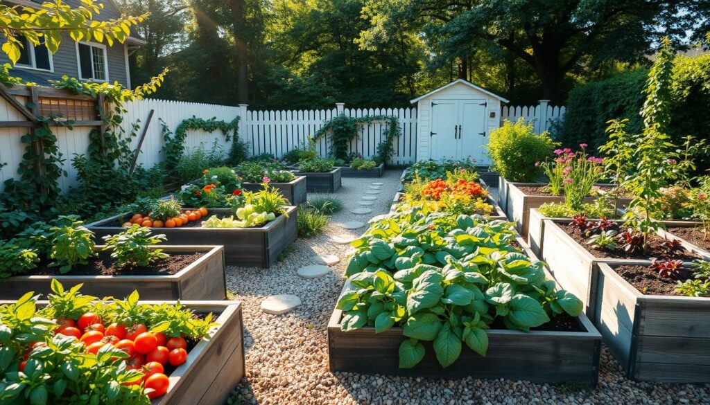 A high-density raised bed garden layout in a beautiful, sunlit backyard, showcasing efficient use of space. The foreground features several neatly arranged raised beds filled with a variety of vibrant vegetables and herbs, such as tomatoes, lettuce, and basil, interspersed with colorful flowers. In the middle ground, add a gravel pathway lined with decorative stones, leading to a small garden shed. The background includes a white picket fence with climbing plants and a few trees for shade. The scene is bathed in warm, soft sunlight filtering through leaves, creating a serene and inviting atmosphere. The angle is slightly elevated, capturing a clear view of the garden's intricate layout, emphasizing the philosophy of high-density gardening maximization without any human presence or distraction.