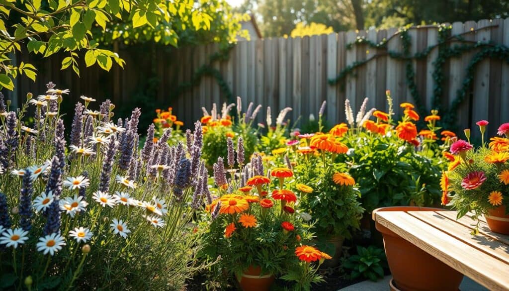A lush backyard filled with a variety of low-maintenance flowering plants such as daisies, lavender, and marigolds, showcasing vibrant colors and healthy foliage. In the foreground, a wooden garden bench and a terracotta pot are artistically arranged to enhance the scene, bathed in soft, warm sunlight filtering through the leaves. In the middle ground, clusters of blooming flowers create a burst of color and texture, inviting a sense of tranquility. The background features a wooden fence partially covered in vines, with hints of green trees, creating a serene, peaceful atmosphere. The depth of field is shallow, beautifully blurring the background, while the sunlight casts gentle shadows, enhancing the natural beauty and inviting mood of the space.