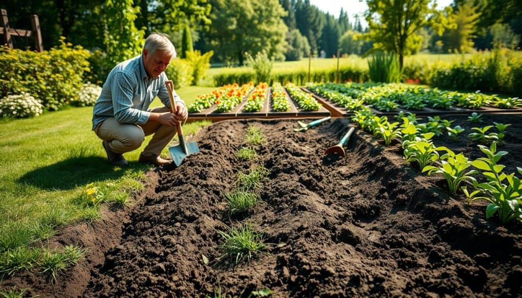 A lush garden scene featuring a homeowner digging a trench for new garden beds, showcasing an effective no-dig and trenching method for controlling grass. In the foreground, the homeowner, dressed in modest casual clothing, kneels beside a neatly defined trench, showcasing the rich soil and carefully removed turf. In the middle ground, freshly dug garden beds reveal rows of vibrant plants waiting to be installed, with gardening tools like a shovel and rake placed nearby. The background features a sunny, well-maintained garden with flourishing greenery and distant trees softly illuminated by bright natural light. The atmosphere is serene and productive, capturing the essence of an organized DIY gardening project on a warm, sunny day. A lush garden scene featuring a homeowner digging a trench for new garden beds, showcasing an effective no-dig and trenching method for controlling grass. In the foreground, the homeowner, dressed in modest casual clothing, kneels beside a neatly defined trench, showcasing the rich soil and carefully removed turf. In the middle ground, freshly dug garden beds reveal rows of vibrant plants waiting to be installed, with gardening tools like a shovel and rake placed nearby. The background features a sunny, well-maintained garden with flourishing greenery and distant trees softly illuminated by bright natural light. The atmosphere is serene and productive, capturing the essence of an organized DIY gardening project on a warm, sunny day.