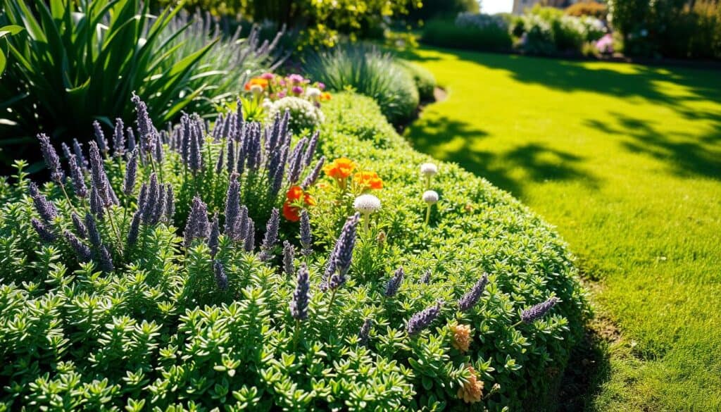 A lush garden scene featuring a variety of low-growing plants perfectly arranged as natural garden edging. In the foreground, soft, green plant varieties such as creeping thyme, sedum, and lavender create a vibrant border. The middle ground highlights the gentle transition to larger plants, with colorful flowers peeking through, complementing the edging. The background showcases a sunlit garden path winding through healthy green grass. The atmosphere is bright and inviting, with soft sunlight filtering through the leaves, casting dappled shadows on the ground. Shot in a slightly elevated angle to capture the depth and layering of the garden, the image conveys tranquility and the beauty of nature in an idyllic setting. A lush garden scene featuring a variety of low-growing plants perfectly arranged as natural garden edging. In the foreground, soft, green plant varieties such as creeping thyme, sedum, and lavender create a vibrant border. The middle ground highlights the gentle transition to larger plants, with colorful flowers peeking through, complementing the edging. The background showcases a sunlit garden path winding through healthy green grass. The atmosphere is bright and inviting, with soft sunlight filtering through the leaves, casting dappled shadows on the ground. Shot in a slightly elevated angle to capture the depth and layering of the garden, the image conveys tranquility and the beauty of nature in an idyllic setting.