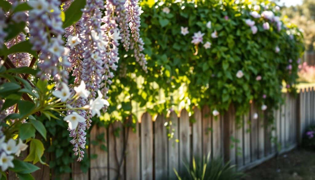 A lush garden scene featuring a vibrant natural privacy wall made up of climbing plants, such as wisteria, ivy, and clematis, cascading elegantly over a rustic wooden fence. In the foreground, delicate blossoms peek through the green foliage, creating a sense of depth and texture. The middle layer showcases the fence enveloped by thriving vines, with soft sunlight filtering through the leaves, illuminating the plants’ rich colors. In the background, a serene garden setting with gentle curves of grass and the hint of flowering shrubs enhances the tranquil atmosphere. The composition captures the beauty and tranquility of a living privacy wall, conveying a peaceful, inviting mood. The image is bright and airy, emphasizing the natural beauty of these climbing plants in a warm, sunlit environment.