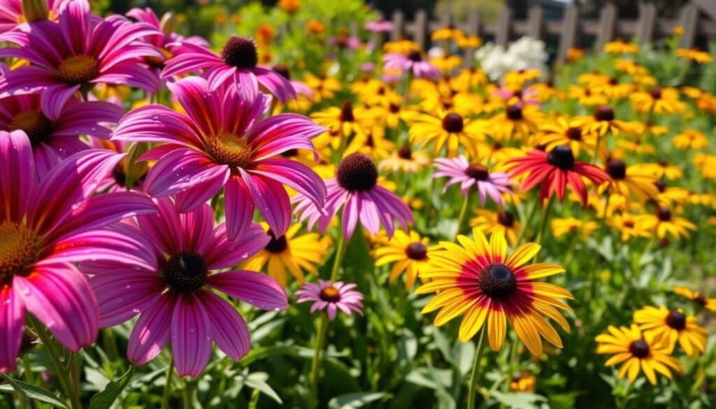 A lush garden scene featuring an array of long blooming perennials in full summer glory, including vibrant daylilies, purple coneflowers, and golden black-eyed Susans. In the foreground, showcase a close-up view of the richly colored petals glistening in soft sunlight, with dew drops adding freshness. The middle ground should capture a diverse mix of these flowers, interspersed with greenery and foliage, creating a lively and colorful tapestry. In the background, hint at a sunny garden fence or a soft blur of trees, enhancing the feeling of an inviting outdoor space. Emphasize bright natural light and an airy atmosphere, conveying the warmth and joy of a summer garden. Use a slight depth of field to draw focus on the flowers while softly blurring the background for an idyllic, serene mood. A lush garden scene featuring an array of long blooming perennials in full summer glory, including vibrant daylilies, purple coneflowers, and golden black-eyed Susans. In the foreground, showcase a close-up view of the richly colored petals glistening in soft sunlight, with dew drops adding freshness. The middle ground should capture a diverse mix of these flowers, interspersed with greenery and foliage, creating a lively and colorful tapestry. In the background, hint at a sunny garden fence or a soft blur of trees, enhancing the feeling of an inviting outdoor space. Emphasize bright natural light and an airy atmosphere, conveying the warmth and joy of a summer garden. Use a slight depth of field to draw focus on the flowers while softly blurring the background for an idyllic, serene mood.