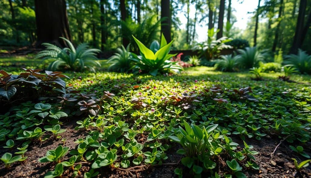 A lush garden scene featuring an array of shade-tolerant ground covers in vibrant greens, such as creeping thyme, ajuga, and hosta, creating a dense, textured carpet on the forest floor. In the foreground, show moist soil with delicate roots peeking through, and soft sunlight filtering through tree canopies, producing dappled light patterns. The middle ground provides a mix of colorful foliage, with interesting leaf shapes and sizes, surrounded by larger ferns and shrubs to emphasize the shaded environment. The background includes tall trees with a gentle blur to create depth, under a serene, clear sky. The atmosphere should feel tranquil and inviting, showcasing the beauty of low-growing plants thriving in low light conditions. A lush garden scene featuring an array of shade-tolerant ground covers in vibrant greens, such as creeping thyme, ajuga, and hosta, creating a dense, textured carpet on the forest floor. In the foreground, show moist soil with delicate roots peeking through, and soft sunlight filtering through tree canopies, producing dappled light patterns. The middle ground provides a mix of colorful foliage, with interesting leaf shapes and sizes, surrounded by larger ferns and shrubs to emphasize the shaded environment. The background includes tall trees with a gentle blur to create depth, under a serene, clear sky. The atmosphere should feel tranquil and inviting, showcasing the beauty of low-growing plants thriving in low light conditions.