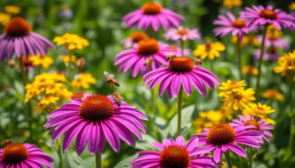 A lush garden scene featuring vibrant Purple Coneflowers with their distinctive cone-shaped centers and radiant purple petals, flourishing alongside clusters of golden-yellow Goldenrod under bright natural sunlight. In the foreground, focus on the intricate details of the textured petals and lush green leaves, while in the middle ground, showcase a variety of bees and butterflies engaging with the flowers, emphasizing their role as low-maintenance pollinator plants. The background features soft, blurred greenery to accentuate the flowers' vivid colors. The atmosphere is warm and inviting, conveying a serene and thriving ecosystem. Capture this scene with a slight bokeh effect, simulating a lens with a shallow depth of field to highlight the beauty and harmony of these two plants in a well-maintained garden setting. A lush garden scene featuring vibrant Purple Coneflowers with their distinctive cone-shaped centers and radiant purple petals, flourishing alongside clusters of golden-yellow Goldenrod under bright natural sunlight. In the foreground, focus on the intricate details of the textured petals and lush green leaves, while in the middle ground, showcase a variety of bees and butterflies engaging with the flowers, emphasizing their role as low-maintenance pollinator plants. The background features soft, blurred greenery to accentuate the flowers' vivid colors. The atmosphere is warm and inviting, conveying a serene and thriving ecosystem. Capture this scene with a slight bokeh effect, simulating a lens with a shallow depth of field to highlight the beauty and harmony of these two plants in a well-maintained garden setting.