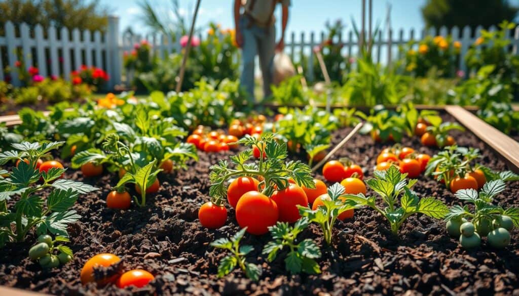 A lush organic vegetable garden in a raised bed setting, filled with vibrant plants like tomatoes, carrots, and herbs, each companion planting in harmony. In the foreground, an array of colorful vegetables peeking through rich, dark soil, dew glistening on their leaves under bright, soft sunlight. In the middle ground, a gardener in modest casual clothing, tending to the plants with care, showcasing a mix of compost and mulch. The background features a white picket fence, flowering shrubs, and a clear blue sky, evoking a sense of peace and growth. The overall mood is inviting and educational, perfect for highlighting advanced organic gardening techniques, captured with a warm, natural light. A lush organic vegetable garden in a raised bed setting, filled with vibrant plants like tomatoes, carrots, and herbs, each companion planting in harmony. In the foreground, an array of colorful vegetables peeking through rich, dark soil, dew glistening on their leaves under bright, soft sunlight. In the middle ground, a gardener in modest casual clothing, tending to the plants with care, showcasing a mix of compost and mulch. The background features a white picket fence, flowering shrubs, and a clear blue sky, evoking a sense of peace and growth. The overall mood is inviting and educational, perfect for highlighting advanced organic gardening techniques, captured with a warm, natural light.