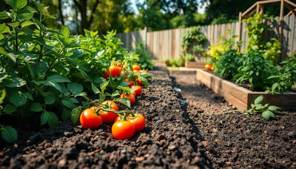A lush raised bed garden brimming with vibrant vegetables such as tomatoes, peppers, and leafy greens occupies the foreground, showcasing healthy plants with deep green foliage and colorful produce. The middle ground features rich, dark soil with compost visible, highlighting superior soil quality and nutrient density. A bright, airy atmosphere is created with soft, natural sunlight filtering through the trees, casting gentle shadows. In the background, a peaceful garden setting complete with a wooden fence and a trellis adorned with climbing plants enhances the scene. The angle captures a slightly elevated view, emphasizing the neat organization of the raised beds and the vitality of the plants, evoking a sense of abundance and sustainability.