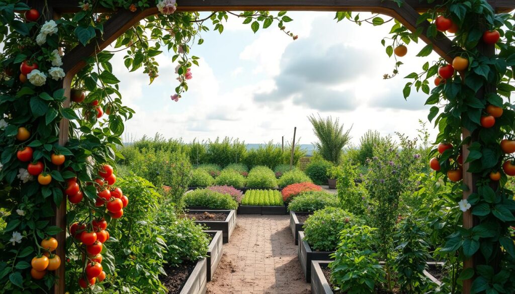 A lush vegetable garden filled with vibrant tomato and pepper plants, meticulously arranged in raised beds. The foreground showcases a charming wooden arch covered in delicate climbing vines and blooming flowers, creating an inviting entryway to the garden. In the middle, the raised beds are neatly organized, with healthy green foliage and colorful vegetables peeking through the earth, reflecting an abundance of life. The background offers a serene view of a sunlit sky, with soft sunlight filtering through fluffy clouds, casting gentle shadows on the ground. The overall mood is fresh and cheerful, evoking a sense of tranquility and harmony in the kitchen garden. This scene is captured with a wide-angle lens to emphasize depth and detail, highlighting the beauty of a well-integrated aesthetic feature in home gardening.