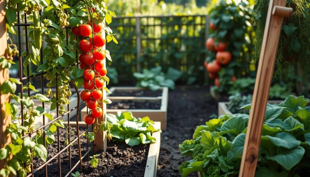 A lush vertical garden showcasing a variety of vegetables ideal for vertical gardening success, including vibrant green climbing peas, bright red tomatoes, and cascading rows of leafy greens like spinach and romaine. The foreground features a well-structured trellis adorned with these vegetables, illustrating their growth patterns. In the middle, well-defined raised beds provide context, surrounded by rich, dark soil and rustic wooden accents. The background displays a serene garden setting with gentle blurred greenery, allowing for a focus on the trellis and the vegetables. The scene is illuminated by soft, warm sunlight, casting gentle shadows and creating a bright, inviting atmosphere, evoking the sense of a flourishing home garden. The camera angle captures the garden from a slightly elevated perspective, maximizing depth and showcasing the layers of growth effectively. A lush vertical garden showcasing a variety of vegetables ideal for vertical gardening success, including vibrant green climbing peas, bright red tomatoes, and cascading rows of leafy greens like spinach and romaine. The foreground features a well-structured trellis adorned with these vegetables, illustrating their growth patterns. In the middle, well-defined raised beds provide context, surrounded by rich, dark soil and rustic wooden accents. The background displays a serene garden setting with gentle blurred greenery, allowing for a focus on the trellis and the vegetables. The scene is illuminated by soft, warm sunlight, casting gentle shadows and creating a bright, inviting atmosphere, evoking the sense of a flourishing home garden. The camera angle captures the garden from a slightly elevated perspective, maximizing depth and showcasing the layers of growth effectively.