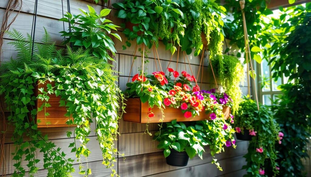A lush vertical garden showcasing an array of hanging plants. In the foreground, vibrant ferns and cascading ivy spill from rustic wooden planters, their greenery contrasting against the soft, weathered wood backdrop. The middle layer features a variety of flowering plants in vibrant colors, elegantly arranged to create a sense of depth and harmony. In the background, soft sunlight filters through leaves, casting gentle shadows and illuminating the scene with bright, natural light. The atmosphere is fresh and inviting, evoking a sense of tranquility and creativity in home gardening. Capture this scene from a slightly elevated angle, emphasizing the verticality and texture of the plants while ensuring clarity and realism in the details. A lush vertical garden showcasing an array of hanging plants. In the foreground, vibrant ferns and cascading ivy spill from rustic wooden planters, their greenery contrasting against the soft, weathered wood backdrop. The middle layer features a variety of flowering plants in vibrant colors, elegantly arranged to create a sense of depth and harmony. In the background, soft sunlight filters through leaves, casting gentle shadows and illuminating the scene with bright, natural light. The atmosphere is fresh and inviting, evoking a sense of tranquility and creativity in home gardening. Capture this scene from a slightly elevated angle, emphasizing the verticality and texture of the plants while ensuring clarity and realism in the details.