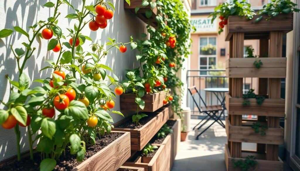 A lush vertical garden thriving on a small patio, featuring an array of vibrant vegetables like cherry tomatoes, peppers, and leafy greens neatly arranged in wooden planters stacked against a light-colored wall. In the foreground, a close-up view of the tiered planters filled with rich soil and healthy plants, showing drip irrigation along the sides. The middle ground captures the textured wooden planters, while the background reveals a sun-lit urban balcony adorned with a small table and chairs, enhancing the cozy atmosphere. Soft sunlight filters through the greenery, casting dappled shadows. The overall mood is fresh and inviting, showcasing the possibilities of vertical gardening in limited spaces, with a focus on sustainability and home gardening aesthetics. A lush vertical garden thriving on a small patio, featuring an array of vibrant vegetables like cherry tomatoes, peppers, and leafy greens neatly arranged in wooden planters stacked against a light-colored wall. In the foreground, a close-up view of the tiered planters filled with rich soil and healthy plants, showing drip irrigation along the sides. The middle ground captures the textured wooden planters, while the background reveals a sun-lit urban balcony adorned with a small table and chairs, enhancing the cozy atmosphere. Soft sunlight filters through the greenery, casting dappled shadows. The overall mood is fresh and inviting, showcasing the possibilities of vertical gardening in limited spaces, with a focus on sustainability and home gardening aesthetics.