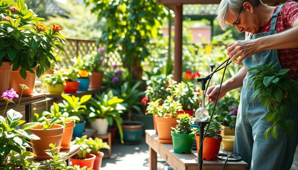 A lush, vibrant container garden in a sunlit patio setting, showcasing various potted plants with rich green leaves and colorful blooms. In the foreground, a gardener is carefully setting up slow-release watering devices, such as drip irrigation tubes and self-watering globes, demonstrating proper installation techniques. The middle ground features an array of brightly colored ceramic pots arranged on wooden shelves, with a gentle focus on the watering methods. The background includes a sun-drenched garden with soft sunlight filtering through leaves, creating a warm, inviting atmosphere. The composition should convey a sense of nurturing and efficiency in water conservation, captured with a soft-focus lens to enhance the peaceful, productive mood of a summer garden.