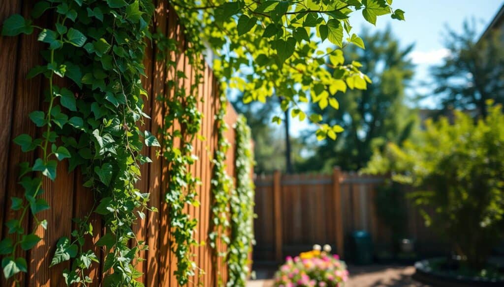 A lush, vibrant garden scene showcasing fast-growing vines climbing an elegant wooden fence. In the foreground, dense, green tendrils adorned with leaves and small flowers intertwine with the fence, creating a natural curtain of foliage. The middle ground features a neatly arranged garden bed with colorful flowers, complementing the scene, while a sunny blue sky peeks through the leaves above. The background includes blurred outlines of neighboring trees, enhancing the sense of depth and greenery. Soft, natural sunlight filters down, casting gentle shadows, creating a warm and inviting atmosphere. A shallow depth of field accentuates the vibrant vines while keeping the surrounding area subtly in focus, highlighting their rapid growth and beauty.