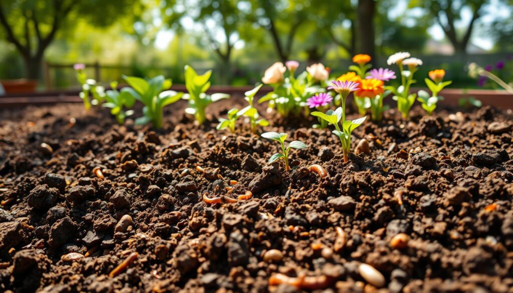 A lush, vibrant raised bed filled with a rich, nutrient-dense soil mix, showcasing dark brown compost, golden sand, and dark peat. In the foreground, a close-up view reveals the texture of the soil – crumbly, moist, and full of organic matter rich with earthworms and small plant roots. In the middle ground, healthy green seedlings and vibrant flowering plants thrive, their roots visible in the mix. The background features a sunny garden setting, with soft natural light filtering through leafy trees, casting gentle shadows on the soil. The atmosphere is warm and inviting, emphasizing the importance of a high-quality soil mix. The shot is captured from a slightly elevated angle, highlighting the layers of the soil and plants, creating a sense of depth and richness in the image.