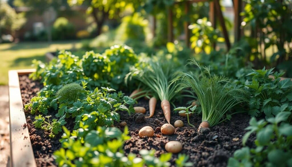 A lush, vibrant raised garden bed overflowing with companion herbs for root vegetables, showcasing healthy plants such as dill, basil, and parsley intertwined with rows of carrots and potatoes. In the foreground, the vivid greens of the herbs contrast with the earthy tones of the soil, while in the middle ground, the root vegetables peek through, their tops waving gently in a soft breeze. The background features a sunny, open garden space with gentle sunlight filtering through leaves, casting soft, dappled shadows across the scene. The atmosphere is serene and inviting, embodying the joy of gardening and nurturing soil health in a harmonious ecosystem. Capture this scene with a shallow depth of field to focus on the plants, emphasizing their textures and vibrant colors under warm, natural light. A lush, vibrant raised garden bed overflowing with companion herbs for root vegetables, showcasing healthy plants such as dill, basil, and parsley intertwined with rows of carrots and potatoes. In the foreground, the vivid greens of the herbs contrast with the earthy tones of the soil, while in the middle ground, the root vegetables peek through, their tops waving gently in a soft breeze. The background features a sunny, open garden space with gentle sunlight filtering through leaves, casting soft, dappled shadows across the scene. The atmosphere is serene and inviting, embodying the joy of gardening and nurturing soil health in a harmonious ecosystem. Capture this scene with a shallow depth of field to focus on the plants, emphasizing their textures and vibrant colors under warm, natural light.