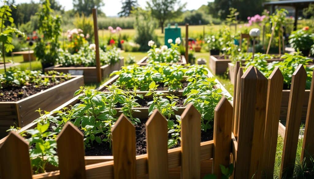 A lush, vibrant vegetable garden featuring raised beds filled with young seedlings, surrounded by a protective barrier. In the foreground, a sturdy garden fence made of wood, adorned with natural greenery, prevents wildlife intruders like squirrels and rabbits. In the middle ground, a variety of seedlings such as tomatoes, cucumbers, and herbs are thriving under bright, soft sunlight that casts gentle shadows. In the background, a serene garden landscape with flowering plants and trees creates a peaceful atmosphere. The scene is viewed from a low angle to emphasize the healthy plants and the protective measures surrounding them. The overall mood is one of nurturing and resilience, showcasing the dedication to safeguarding vulnerable seedlings.