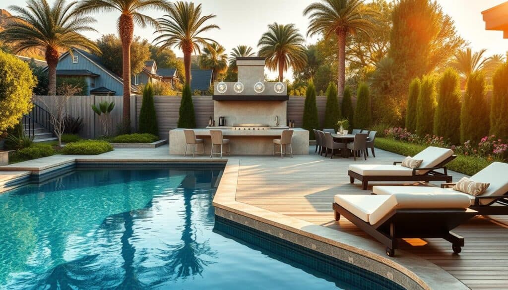 A luxurious backyard scene showcasing high-end property value features. In the foreground, an elegant, geometrically shaped swimming pool with a shimmering surface reflecting soft sunlight. Surrounding the pool, plush lounge chairs with stylish cushions, and a beautifully crafted wooden deck. In the middle ground, an outdoor kitchen built with high-quality stone, equipped with modern appliances and an inviting dining area with a large table set for entertaining. Lush greenery and ornamental plants frame the space, adding a vibrant touch. In the background, tall decorative trees and a well-maintained garden with colorful flowers enhance the luxury atmosphere. The setting is bathed in warm, natural light, creating a welcoming and upscale mood reminiscent of a serene retreat. The overall composition captures the essence of luxury and sophistication in backyard design.
