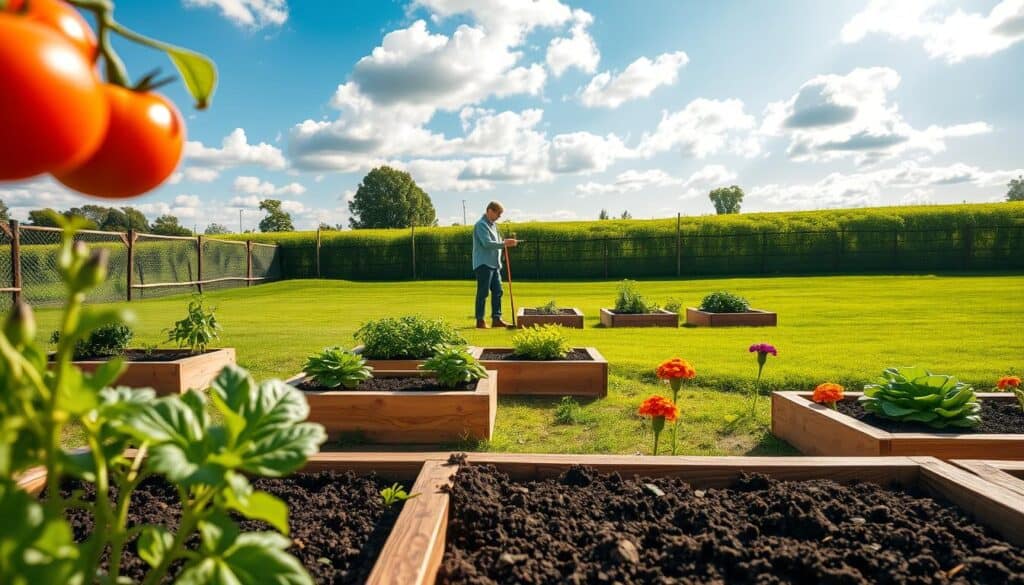 A meticulously organized raised garden layout featuring several rectangular raised beds filled with vibrant vegetables and flowers. In the foreground, a close-up of rich, dark soil and healthy plants, including tomatoes, lettuce, and marigolds, is visible. The middle ground showcases a series of evenly spaced raised beds made from natural wood, with a gardener in modest casual clothing tending to the plants. In the background, a lush green lawn stretches out under a bright blue sky, with soft sunlight filtering through scattered clouds, creating a warm, inviting atmosphere. The scene is designed to convey a sense of tranquility and productivity, perfect for planning an ideal garden layout. A meticulously organized raised garden layout featuring several rectangular raised beds filled with vibrant vegetables and flowers. In the foreground, a close-up of rich, dark soil and healthy plants, including tomatoes, lettuce, and marigolds, is visible. The middle ground showcases a series of evenly spaced raised beds made from natural wood, with a gardener in modest casual clothing tending to the plants. In the background, a lush green lawn stretches out under a bright blue sky, with soft sunlight filtering through scattered clouds, creating a warm, inviting atmosphere. The scene is designed to convey a sense of tranquility and productivity, perfect for planning an ideal garden layout.