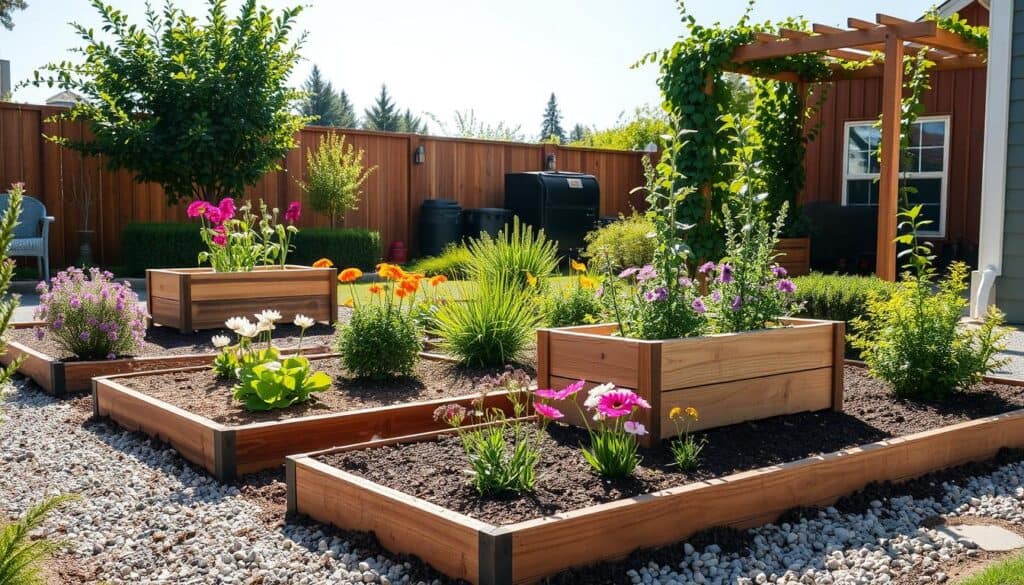 A modern budget garden design featuring a cozy backyard scene. In the foreground, freshly mulched garden beds bordered with stylish wooden edging, showcasing a variety of vibrant flowers and low-maintenance shrubs. In the middle ground, a DIY wooden planter box filled with herbs, alongside neat gravel paths that guide the eye through the garden. The background displays a simple fence and a trellis adorned with climbing vines, all under a clear blue sky. The lighting is bright and natural, with soft sunlight illuminating the greenery, creating a warm and inviting atmosphere. The image captures a sense of tranquility and inspiration, perfect for enhancing garden aesthetics economically. A modern budget garden design featuring a cozy backyard scene. In the foreground, freshly mulched garden beds bordered with stylish wooden edging, showcasing a variety of vibrant flowers and low-maintenance shrubs. In the middle ground, a DIY wooden planter box filled with herbs, alongside neat gravel paths that guide the eye through the garden. The background displays a simple fence and a trellis adorned with climbing vines, all under a clear blue sky. The lighting is bright and natural, with soft sunlight illuminating the greenery, creating a warm and inviting atmosphere. The image captures a sense of tranquility and inspiration, perfect for enhancing garden aesthetics economically.