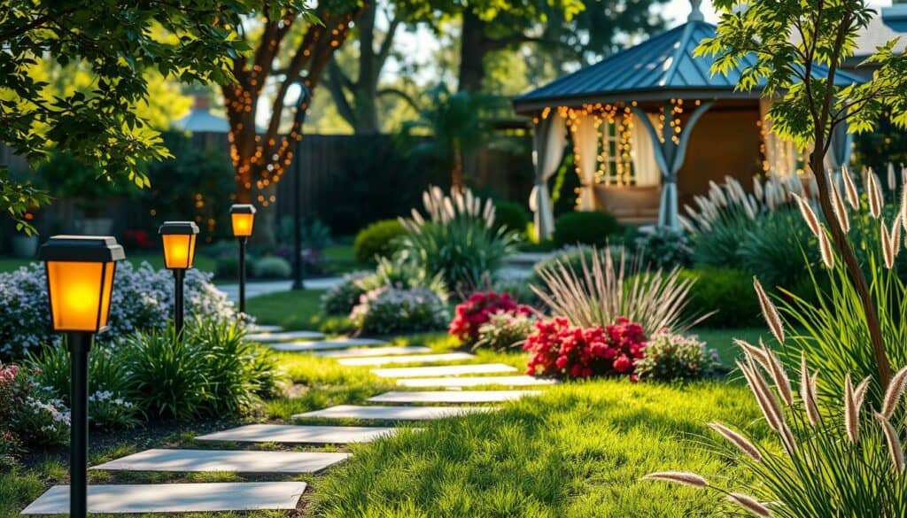 A modern garden path illuminated by stylish path lighting. In the foreground, sleek solar-powered lanterns line a well-defined, curved stone path, casting soft amber light onto the garden. The middle ground features lush greenery, with colorful perennials and ornamental grasses creating a vibrant, inviting atmosphere. The background shows a cozy garden gazebo partially draped in fairy lights, enhancing the enchanting vibe. The scene is bathed in bright natural light, with gentle sunlight filtering through the leaves, creating dappled shadows on the path. Capture this serene moment from a slightly elevated angle to showcase the flow and beauty of the garden. Aim for a tranquil, harmonious mood that reflects contemporary outdoor living.