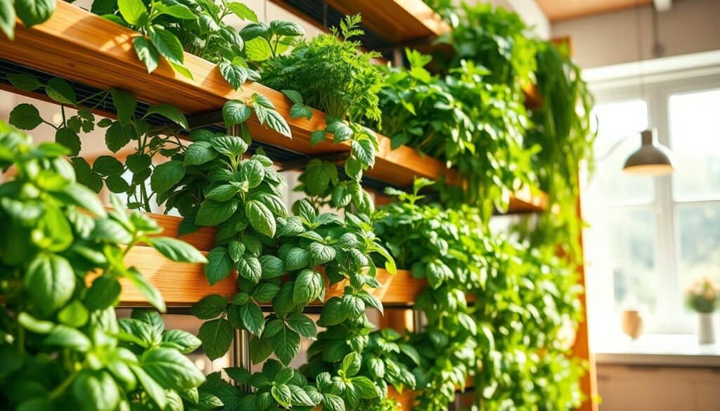 A modern hydroponic vertical garden filled with lush green herbs such as basil, mint, and parsley, arranged in tiered, sleek wooden frames. In the foreground, focus on the vibrant greenery with droplets of water glistening on the leaves, highlighting freshness. The middle section features a well-organized, multi-level system with nutrient-rich water flowing through transparent tubes. The background includes a softly lit kitchen environment with bright natural light streaming through large windows, creating an airy and inviting atmosphere. The scene is warm and inspiring, suggesting a sustainable lifestyle. Use a wide-angle lens to capture the entire setup, emphasizing depth and richness in color with a soft, diffused sunlight effect.