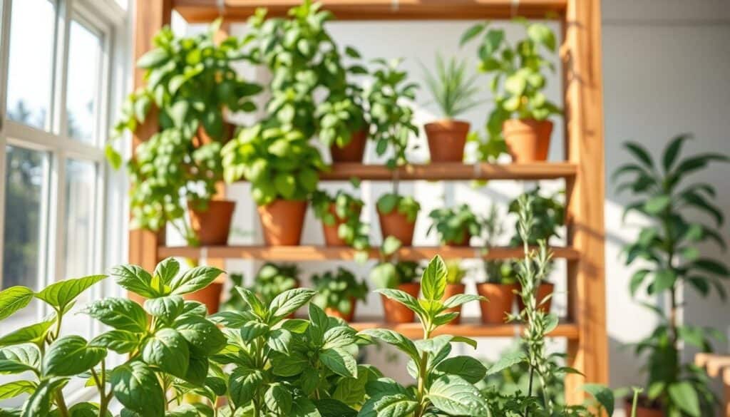 A modern indoor vertical garden displaying fresh herbs such as basil, mint, and rosemary meticulously arranged on a wooden frame. The foreground features vibrant green plants with dew glistening on their leaves, enhancing the sense of freshness. In the middle, a structured tiered shelf showcases the herb garden, with pots of varying shapes and sizes, accented by rustic wood elements. The background reveals a bright, airy space with large windows allowing soft, natural sunlight to pour in, casting gentle shadows across the scene. The composition captures a serene atmosphere, highlighting the beauty of indoor gardening. The image is brightly lit, showcasing the details of the leaves and textures of the wooden frame, conveying a sense of home and wellbeing.