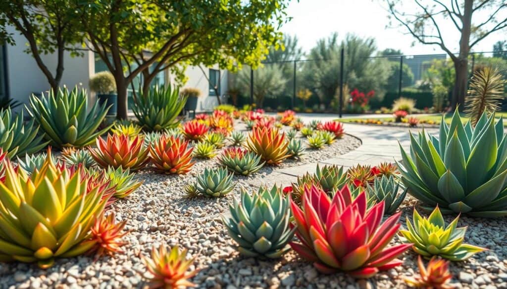 A modern landscape design showcasing a variety of low-growing, drought-resistant succulents as natural garden edging. In the foreground, vibrant succulents like Sedum and Echeveria are interspersed with fine gravel, creating a textured border. The middle ground features a gently curving path lined with these plants, emphasizing their unique shapes and colors under bright natural light. In the background, a serene garden environment with soft sunlight filtering through a few overhanging trees enhances the scene’s freshness. The overall mood is tranquil and inviting, with an airy feel that reflects modern landscaping ideals. Shot with a soft-focus lens to create depth, highlighting the details of the succulent leaves. No human figures present. A modern landscape design showcasing a variety of low-growing, drought-resistant succulents as natural garden edging. In the foreground, vibrant succulents like Sedum and Echeveria are interspersed with fine gravel, creating a textured border. The middle ground features a gently curving path lined with these plants, emphasizing their unique shapes and colors under bright natural light. In the background, a serene garden environment with soft sunlight filtering through a few overhanging trees enhances the scene’s freshness. The overall mood is tranquil and inviting, with an airy feel that reflects modern landscaping ideals. Shot with a soft-focus lens to create depth, highlighting the details of the succulent leaves. No human figures present.