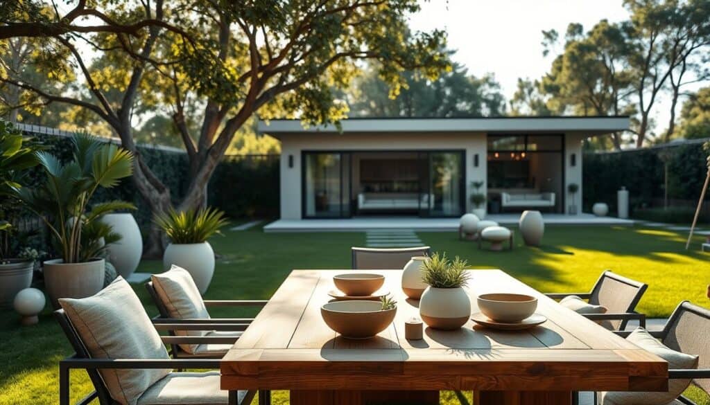 A modern outdoor living space featuring sleek decor elements designed for a contemporary backyard. In the foreground, a stylish wooden dining table is adorned with minimalist ceramic dishes and fresh greenery, surrounded by elegant, cushioned outdoor chairs with neutral fabrics. The middle ground showcases a well-manicured lawn, dotted with contemporary planters, sleek sculptures, and ambient lighting fixtures that create a cozy atmosphere. In the background, a well-designed patio with large sliding glass doors opens up to a modern home, framed by lush foliage and sunlight filtering through trees, creating a bright, airy vibe. The image captures the essence of chic outdoor living in soft sunlight, ideal for relaxation and entertaining. The mood is inviting and sophisticated, reflecting a harmonious blend of nature and modern design. A modern outdoor living space featuring sleek decor elements designed for a contemporary backyard. In the foreground, a stylish wooden dining table is adorned with minimalist ceramic dishes and fresh greenery, surrounded by elegant, cushioned outdoor chairs with neutral fabrics. The middle ground showcases a well-manicured lawn, dotted with contemporary planters, sleek sculptures, and ambient lighting fixtures that create a cozy atmosphere. In the background, a well-designed patio with large sliding glass doors opens up to a modern home, framed by lush foliage and sunlight filtering through trees, creating a bright, airy vibe. The image captures the essence of chic outdoor living in soft sunlight, ideal for relaxation and entertaining. The mood is inviting and sophisticated, reflecting a harmonious blend of nature and modern design.