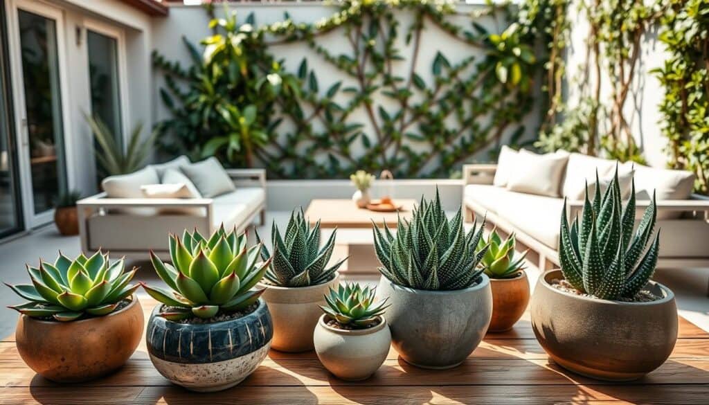 A modern patio scene showcasing a collection of hardy succulents in stylish pots. In the foreground, vibrant green echeverias and textured agaves are nestled in decorative ceramic planters on a sleek wooden table. The middle ground features a minimalist lounge area with contemporary outdoor furniture, such as a light-colored sofa adorned with soft cushions, and a low coffee table. In the background, a beautiful garden wall is draped with climbing plants, providing a lush backdrop. The scene is bathed in soft, natural sunlight, creating a warm and inviting atmosphere. Use a slight angle from above to capture the arrangement, highlighting the interplay of light and shadow among the plants. This idyllic setting reflects modern outdoor living, promoting a serene and stylish vibe.