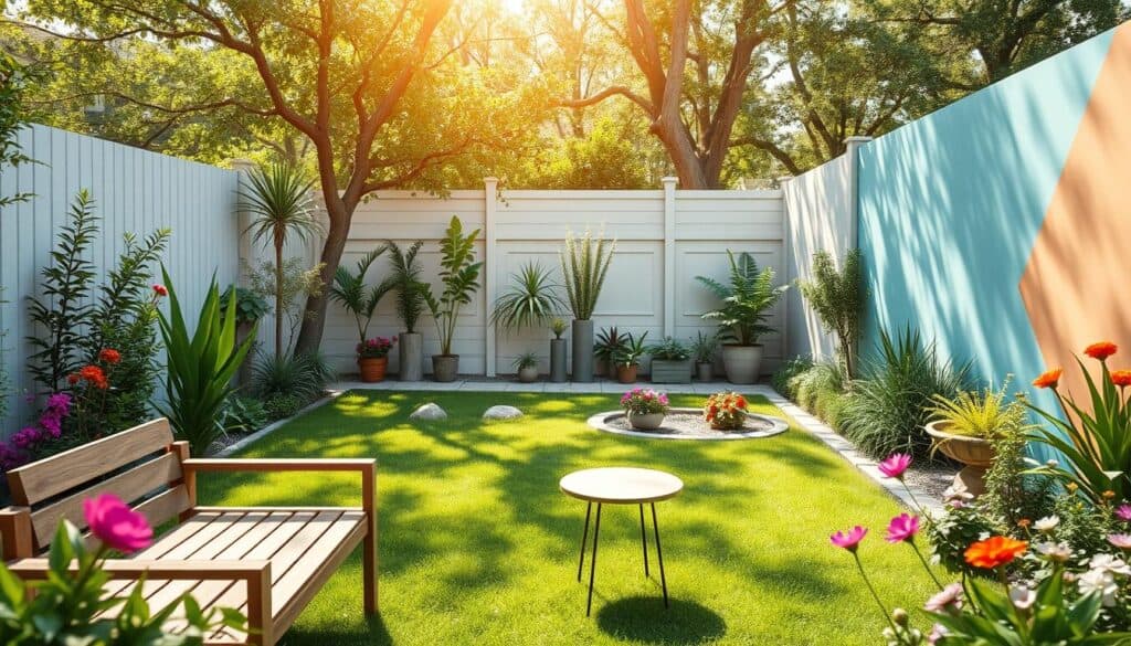 A modern small backyard design featuring a creatively painted fence, surrounded by lush greenery and vibrant flowers. In the foreground, an inviting seating area with minimalist furniture, such as a sleek wooden bench and a small round table, perfect for outdoor relaxation. The middle ground showcases a beautifully manicured lawn interspersed with colorful potted plants and decorative stones, while the back fence is adorned with artistic geometric patterns in soft pastel colors. The background includes gentle trees casting dappled sunlight, creating a serene atmosphere. The scene is bathed in bright natural light with a soft, warm glow, captured from a slightly elevated angle to emphasize the spatial design. The overall mood is fresh, airy, and inviting, ideal for small space living. A modern small backyard design featuring a creatively painted fence, surrounded by lush greenery and vibrant flowers. In the foreground, an inviting seating area with minimalist furniture, such as a sleek wooden bench and a small round table, perfect for outdoor relaxation. The middle ground showcases a beautifully manicured lawn interspersed with colorful potted plants and decorative stones, while the back fence is adorned with artistic geometric patterns in soft pastel colors. The background includes gentle trees casting dappled sunlight, creating a serene atmosphere. The scene is bathed in bright natural light with a soft, warm glow, captured from a slightly elevated angle to emphasize the spatial design. The overall mood is fresh, airy, and inviting, ideal for small space living.