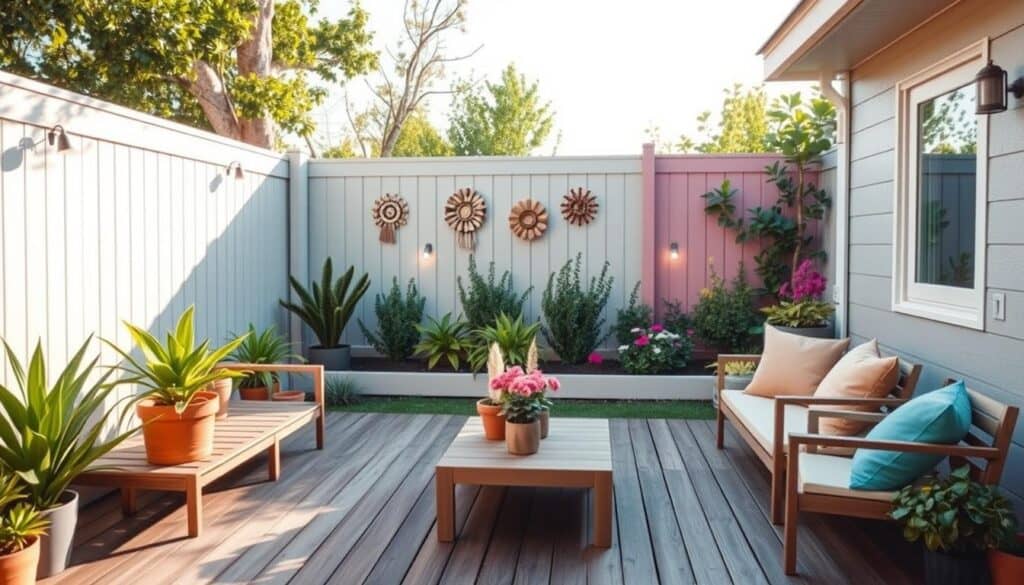A modern small backyard setting, showcasing a stylish transformation of fences and walls. In the foreground, a wooden deck with minimalistic outdoor furniture, adorned with vibrant potted plants and colorful cushions. In the middle, a freshly painted fence in pastel hues, featuring decorative wall hangings and subtle lighting accents, creating a cozy atmosphere. The background reveals a lush green garden with well-maintained shrubs and flowers, all bathed in soft, bright natural light. The scene captures an inviting, airy ambiance, emphasizing relaxation and creativity in outdoor decor. The angle is slightly elevated, offering a panoramic view that highlights the stylish elements of this charming backyard makeover. A modern small backyard setting, showcasing a stylish transformation of fences and walls. In the foreground, a wooden deck with minimalistic outdoor furniture, adorned with vibrant potted plants and colorful cushions. In the middle, a freshly painted fence in pastel hues, featuring decorative wall hangings and subtle lighting accents, creating a cozy atmosphere. The background reveals a lush green garden with well-maintained shrubs and flowers, all bathed in soft, bright natural light. The scene captures an inviting, airy ambiance, emphasizing relaxation and creativity in outdoor decor. The angle is slightly elevated, offering a panoramic view that highlights the stylish elements of this charming backyard makeover.
