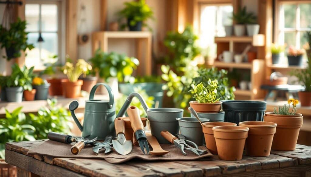 A neatly arranged collection of essential potting tools for gardeners, including a trowel, pruning shears, a watering can, a potting mat, and various pots, displayed on a rustic wooden table in a bright, airy garden shed. Soft sunlight streams through a nearby window, illuminating the tools and casting gentle shadows, enhancing their textures. In the background, green potted plants and natural wooden shelves filled with gardening supplies create a welcoming atmosphere. The composition should have a shallow depth of field, focusing on the tools in the foreground while subtly blurring the background, evoking a sense of calm and inspiration for gardeners of all skill levels. A neatly arranged collection of essential potting tools for gardeners, including a trowel, pruning shears, a watering can, a potting mat, and various pots, displayed on a rustic wooden table in a bright, airy garden shed. Soft sunlight streams through a nearby window, illuminating the tools and casting gentle shadows, enhancing their textures. In the background, green potted plants and natural wooden shelves filled with gardening supplies create a welcoming atmosphere. The composition should have a shallow depth of field, focusing on the tools in the foreground while subtly blurring the background, evoking a sense of calm and inspiration for gardeners of all skill levels.