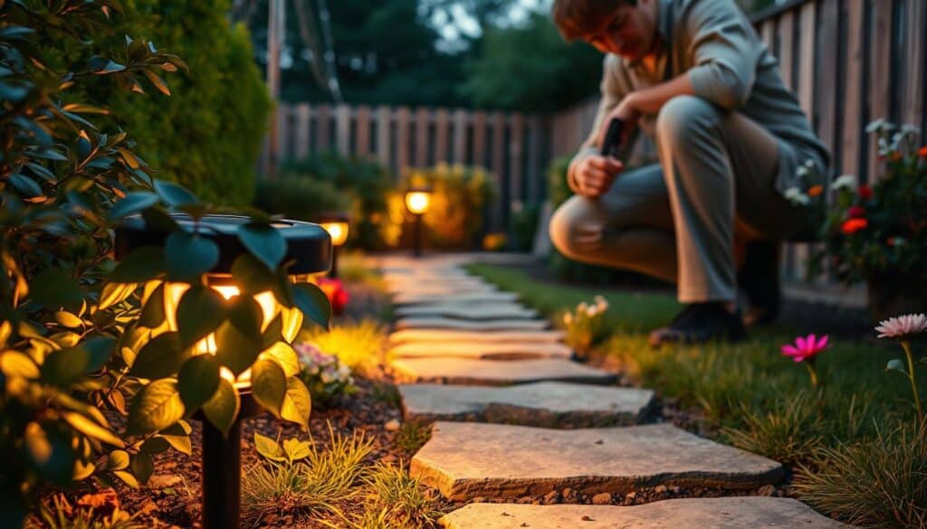 A neatly maintained garden path at twilight, with a focus on a person in modest casual clothing crouching to inspect the dim garden path lights. The foreground features a close-up of a solar-powered garden light, partially covered with leaves, emitting a soft glow. In the middle ground, the garden path is lined with decorative stones and bordered by vibrant flowers, bathed in warm, golden natural light. In the background, lush green shrubbery and a wooden fence enhance the cozy atmosphere. The composition captures the essence of a DIY setting, emphasizing troubleshooting and hands-on maintenance. The mood is inviting and hopeful, suggesting a pleasant evening spent improving home lighting.