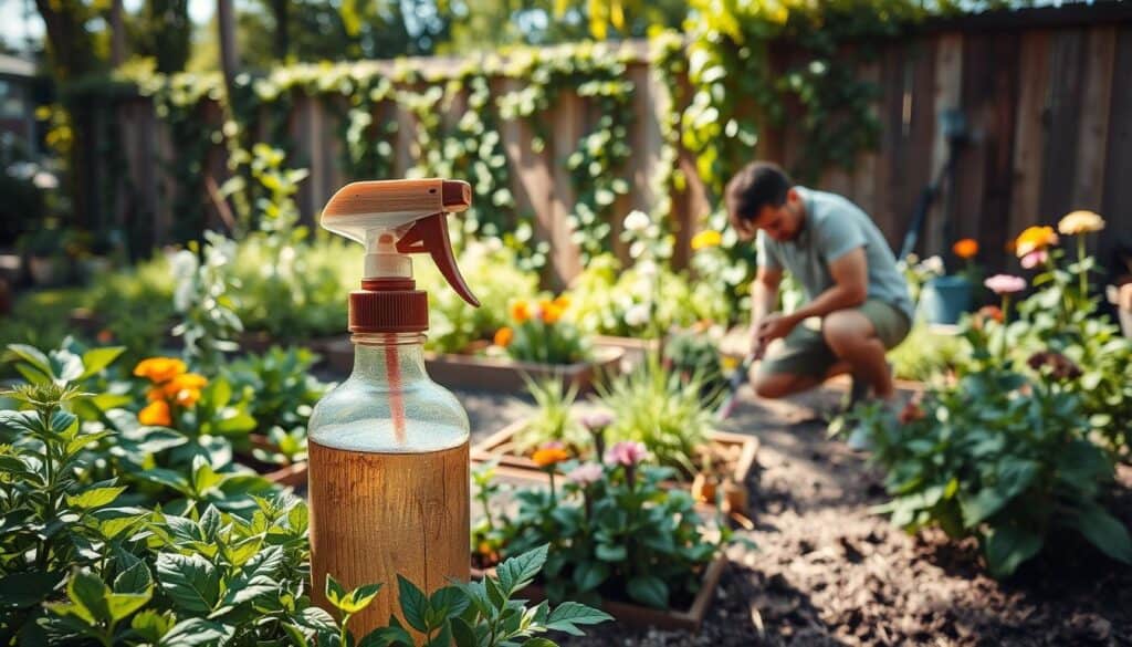 A peaceful backyard garden scene showcasing natural weed control techniques. In the foreground, a rustic wooden spray bottle filled with a natural herbicide, surrounded by green foliage. Nearby, a gardener, dressed in modest casual attire, kneels on the ground, applying the spray to a patch of weeds among vibrant flower beds. In the middle ground, various healthy plants and flowers flourish, creating a lively atmosphere. The background features a wooden fence draped with climbing vines, under soft sunlight filtering through the leaves, casting gentle shadows. The entire scene conveys a serene, eco-friendly environment focused on sustainable gardening practices, inviting viewers to consider natural solutions. A peaceful backyard garden scene showcasing natural weed control techniques. In the foreground, a rustic wooden spray bottle filled with a natural herbicide, surrounded by green foliage. Nearby, a gardener, dressed in modest casual attire, kneels on the ground, applying the spray to a patch of weeds among vibrant flower beds. In the middle ground, various healthy plants and flowers flourish, creating a lively atmosphere. The background features a wooden fence draped with climbing vines, under soft sunlight filtering through the leaves, casting gentle shadows. The entire scene conveys a serene, eco-friendly environment focused on sustainable gardening practices, inviting viewers to consider natural solutions.