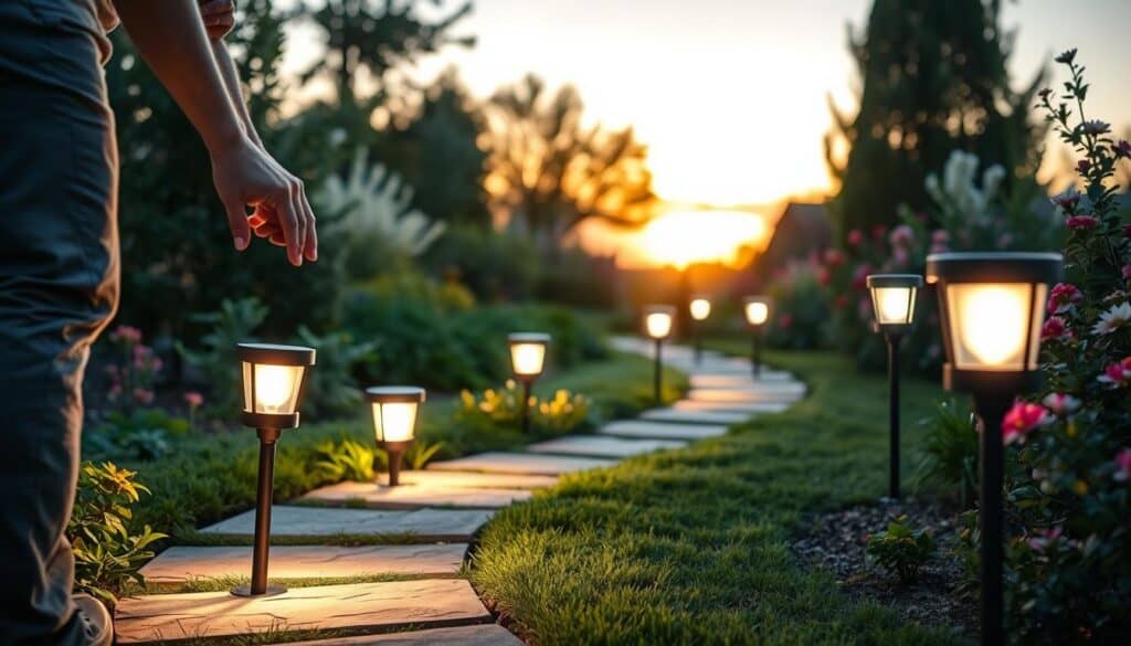 A peaceful garden path illuminated by low-voltage path lights, featuring several sleek, modern fixtures planted along a winding stone walkway. In the foreground, a person in casual clothing is carefully installing one of the lights, demonstrating safe installation techniques. The middle ground showcases the path surrounded by lush greenery and blooming flowers, with the soft glow of the installed lights beginning to illuminate the surroundings. The background reveals a serene sunset sky, creating an inviting atmosphere. The lighting is bright yet soft, capturing the airy essence of a well-lit garden space. The image should feel warm and accessible, perfect for illustrating a DIY project.