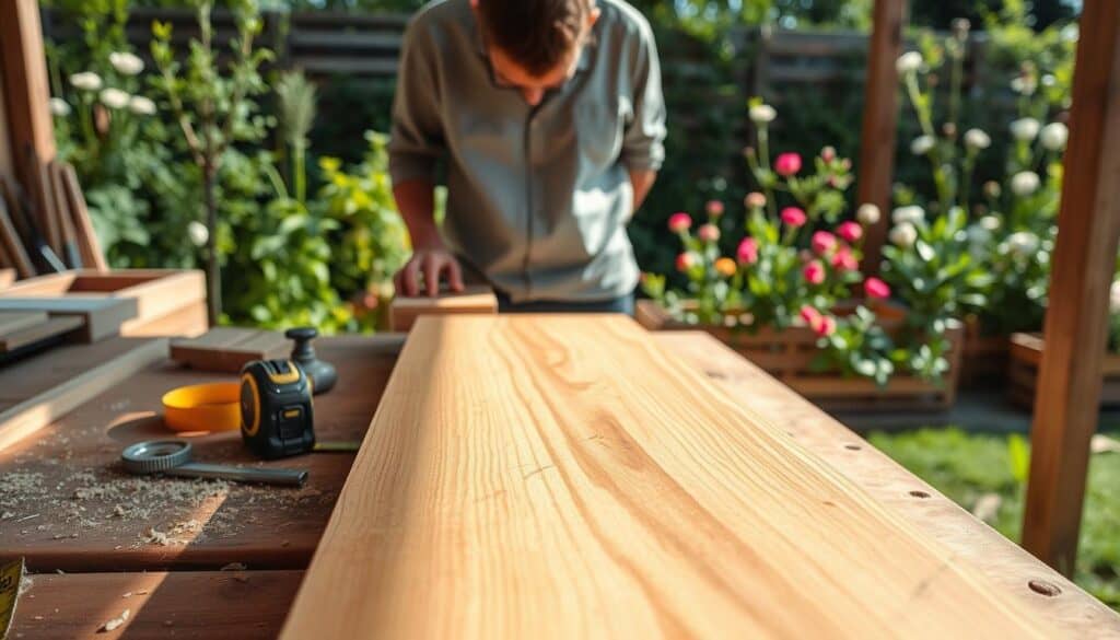 A peaceful outdoor woodworking scene featuring a carefully arranged workspace for preparing cedar boards for garden boxes. In the foreground, a smooth, freshly cut cedar board lies on a workbench, surrounded by tools like a tape measure, square, and sawdust. In the middle, a person in modest casual clothing is focused on sanding the edges of a board, their concentration evident. Soft, natural sunlight streams in, casting gentle shadows and highlighting the rich grain of the cedar wood. In the background, a lush garden is visible, with green plants and blossoming flowers that create a vibrant, inviting atmosphere. The perspective is slightly elevated, capturing the serene detail of the woodworking process in a bright, airy setting that evokes a sense of creativity and tranquility.
